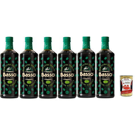 Basso Natives Olivenöl extra klassisch, italienisch, kaltgepresst, 1 l, 6 Stück Original italienisch inkl. Italian Gourmet Polpa 400g