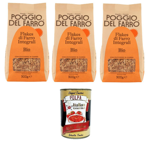 Poggio del Farro Flakes di Farro Integrale Vollkorn-Dinkelflocken 3x300gr Original italienisch inkl. Italian Gourmet Polpa 400g