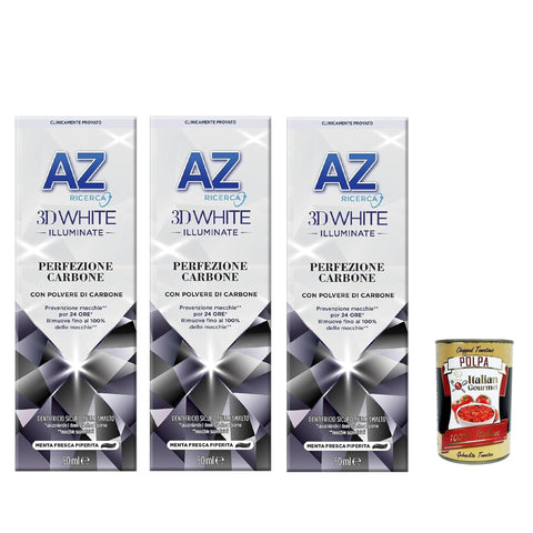 Dentifricio AZ Perfezione Carbone, Zahnpasta mit aufhellender Wirkung, mit Kohlepulver 3x 50ml inkl. Italian Gourmet polpa 400g Original italienisch