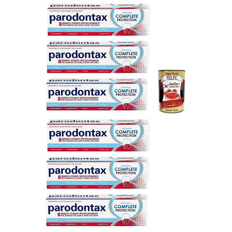 Dentifricio Complete Protection, Zahnpasta für gesundes Zahnfleisch und starke Zähne 6x 75ml inkl. Italian Gourmet polpa 400g Original italienisch