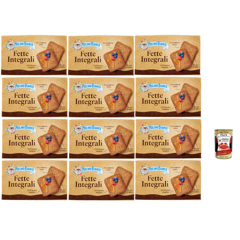 Mulino Bianco Fette biscottate Le Integrali 12x 630g Vollkorn Zwieback Kekse, Frühstückskekse, Zwieback kekse gebackenem Brot Original italienisch inkl. Italian Gourmet Polpa 400g