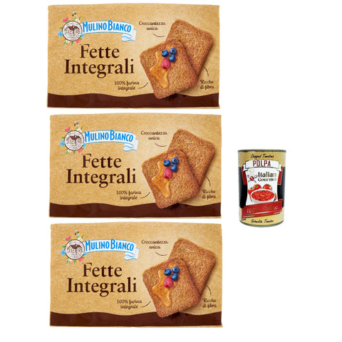Mulino Bianco Fette biscottate Le Integrali 3x 630g Vollkorn Zwieback Kekse, Frühstückskekse, Zwieback kekse gebackenem Brot Original italienisch inkl. Italian Gourmet Polpa 400g