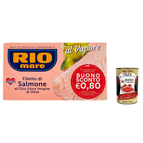 Rio mare Lachsfilet mit extra jungfräulichem Olivenöl Dampf gekocht reich an Omega 3 125 g 12x italienisch Original Pastasauce + kostenlos polpa 400 g
