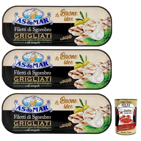 AS do MAR Filetti di Sgombro Grigliati Gegrillte Makrelenfilets in Bio-Olivenöl Extra und Vollsalz Dose 120 g 3x italienisch Original Pastasauce + kostenlos Polpa