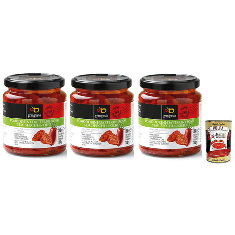 Grangusto Pomodorini Datterini Rossi Semi Secchi in Olio Halbgetrocknete Rote Dattel-Tomaten in Öl Italienische Tomate Glas 280 g 3x italienisch Original +