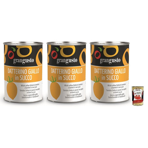 Grangusto Pomodoro Datterino Giallo in Succo Ganze Ungeschälte Gelbe Datteltomaten in Tomatensaft Italienische Tomate Dose 400 g 3x italienisch Original