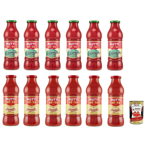 Mutti Passata di Pomodoro Testpaket, classica und con basilico, Tomatenpaste Tomaten sauce Klassic und mit Basilikum 100% Italienisch 12x 700 g Original