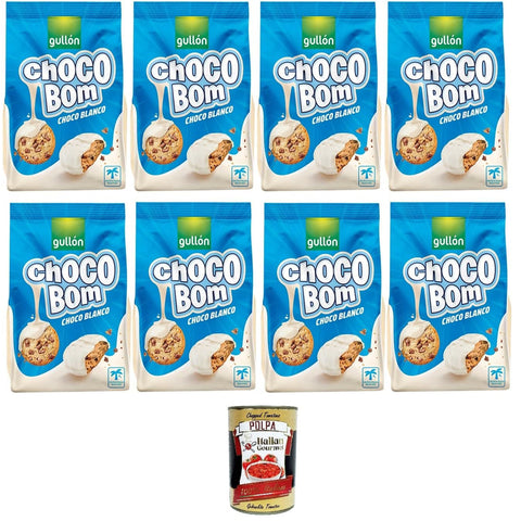 Gullon Choco Bom Biscotti con gocce di cioccolato ricoperti al cioccolato bianco Schokoladenkekse mit weißer Schokolade 8x200g Original italienisch