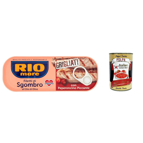 Rio Mare filetti di Sgombro con peperoncino piccante gegrillte Makrelenfilets mit Olivenöl und chilli 120 g 3x italienisch Original Pastasauce + kostenlos polpa