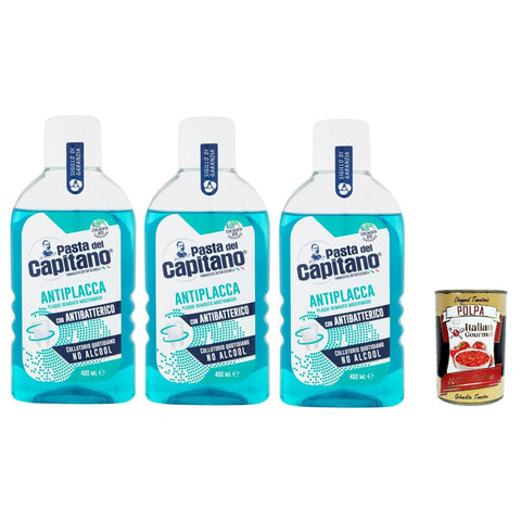 Pasta del Capitano Collutorio Antiplacca - Anti-Plaque-Mundwasser Mundhygiene 3x400 ml italienisch Original + kostenlos polpa 400 g