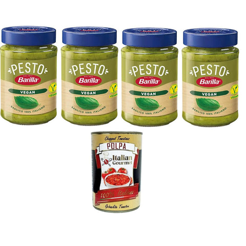 Barilla Pesto Di Basilico Vegan Condimento e Sugo per Pasta Veganes Basilikum-Pesto-Gewürz und Pastasauce 4x190 g italienisch Original + kostenlos polpa 400 g