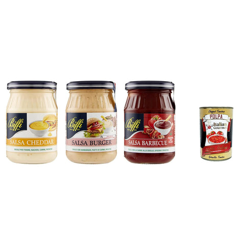 Biffi - Mix Sauce Special Hamburger: Salsa Cheddar 180 g, Salsa Burger 180 g, Salsa Barbecue 210 g italienisch Original + kostenlos polpa 400 g
