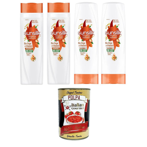 Sunsilk Argan- und Mandelöl-Shampoo&Conditioner für brüchiges und geschädigtes Haar mit Arganöl und Bio-Mandelöl 2x250 ml 2x200 ml italienisch Original + kostenlos