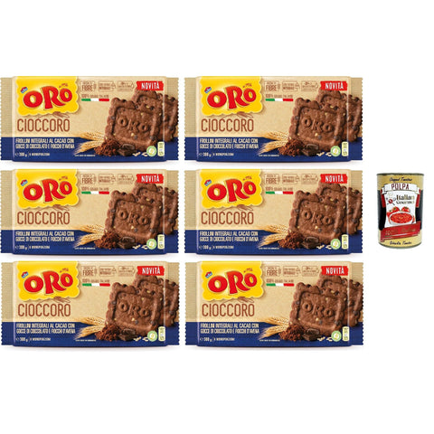 ORO Saiwa Cioccoro, Vollkorn Kakao Shortbread kekse mit Schokoladenstückchen und Haferflocken, Ballaststoffquelle, cookies mit 100 % italienischer Weizen, 6x 300 g italienisch Original