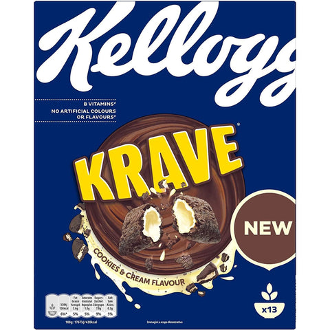 Kellogg's Krave Cookies & Cream Flavour Knusprige Kakao Cerealien gefüllt mit Creme 3x Original italienisch Kekse
