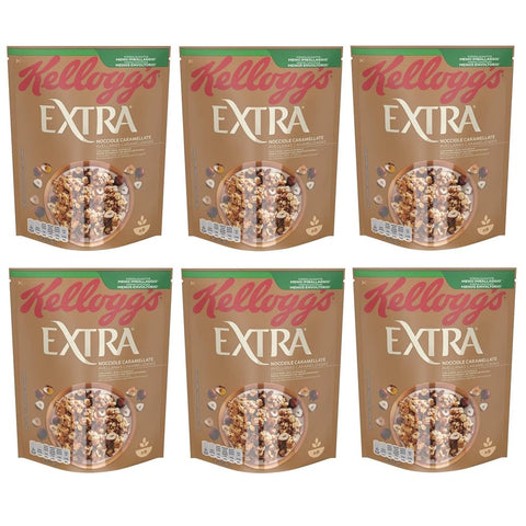 Kellogg's Kaltes Müsli Kellogg's Extra Nocciole Caramellate Knusprige Haferflocken mit Karamellisierte Haselnüsse 100% Vollkorn -Packung 375 g 6x italienisch Original Müsli 5053827182362