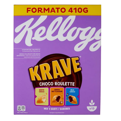 Kellogg's Kaltes Müsli Kellogg's Krave Choco Roulette Cerealien Weizen-, Hafer- und Reisbündel mit Milchschokoladenfüllung 410g Original italienisch 5053827135313