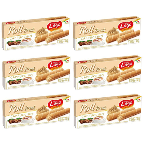 Lago Gastone Lago Roll Break Cappuccino Waffelpad Wafer gefüllt mit Cappuccino-Creme 80 g 6x italienisch Original Kekse