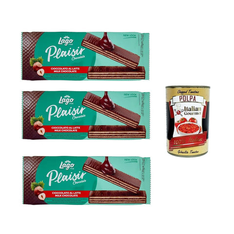 Lago Snack Kuchen & Backwaren Lago Plaisir 3x 120g, Wafer mit Milchschokolade bedeckt und mit Haselnusscreme 57% gefüllt Original italienisch inkl. Italian Gourmet Polpa 400g 8004800004017