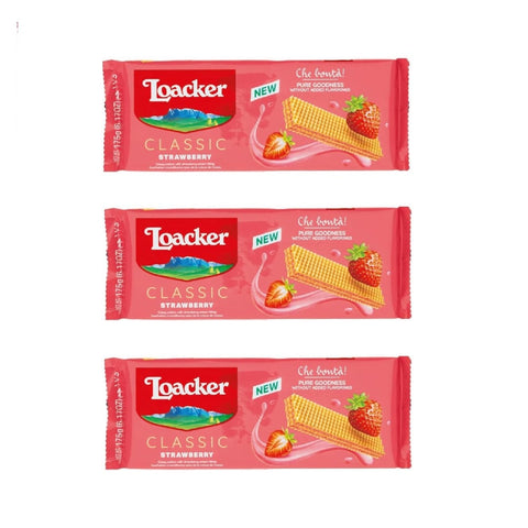 Loacker Kekse 3x Loacker Wafer Classic Fragola Waffeln gefüllt mit Erdbeercreme, 175 g