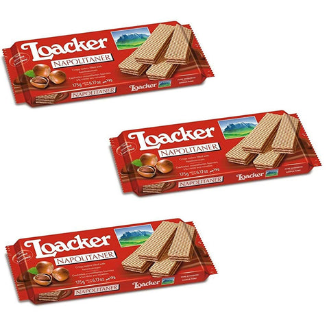 Loacker Wafer Napolitaner kekse snack biscuits Waffel mit Haselnusscreme mit feinen italienischen Haselnüssen 3x175g Original italienisch