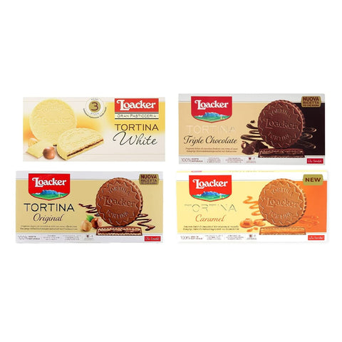Loacker Kekse Loacker Tortina Caramel White Triple Dark Original italienisch 3pz Schokoladengenuss gefüllt mit Haselnusscreme Kuchen 4x 63g Testpaket italienisch inkl. Italian Gourmet Polpa 400g 8000380201402