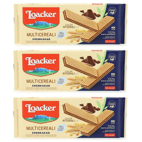 Loacker Kekse Loacker Wafer Multicereali Cremkakao Mehrkorn Waffeln mit Schokoladencreme und Kakaocreme mit Vollkornmehl 175 g 3x italienisch Original Kekse 8000380202232