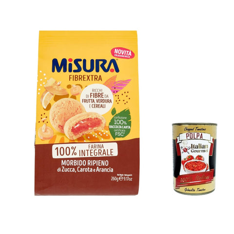 Misura Knabberartikel Misura Frollino Integrale Fibrextra Vollkorn Kekse Shortbread mit Kürbis, Karotten und Orangenfüllung, 100 % Vollkornmehl, 260 g italienisch Original 8002590071462