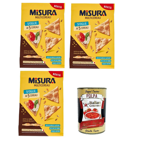 Misura Multicereali Knäckebrot Misura Multicereali Sfoglie ai 5 Cereali Größe Mehrkorn-5-Korn-Blätterteig 3x170 g italienisch Original Pastasauce + kostenlos Polpa di Pomodoro 400 g 8032804040014