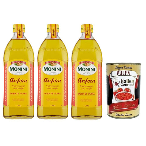 Monini Öl, Essig & Dressings Monini Anfora Olio Di Oliva Olivenöl Ideal für knusprig frittierte Speisen Soßen und Bratensoßen Glas 3x 1Lt italienisch Original