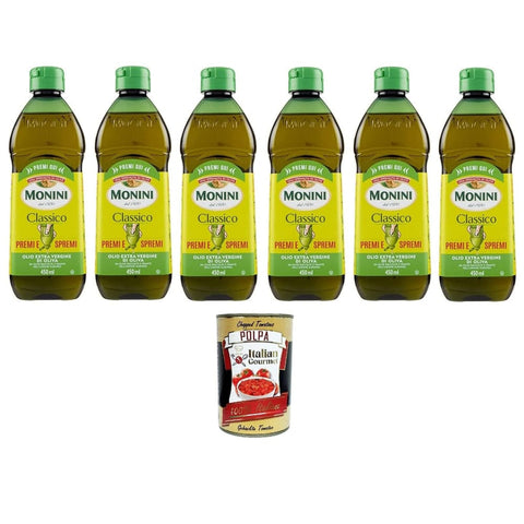 Monini Oliven Monini Classico Premi e Spremi Olio Extra Vergine di Oliva Squeeze Natives Olivenöl Extra PET 6x 450ml Original italienisch inkl. Italian Gourmet Polpa di Pomodoro 400g 8032804040014