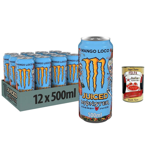Monster Energy Drinks Monster Energy Mango Loco - koffeinhaltiger Energy Drink mit tropischem Fruchtgeschmack aus Mango, Guave und Ananas 500ml 24x Original italienisch inkl. Italian Gourmet Polpa 400g 5060639121854