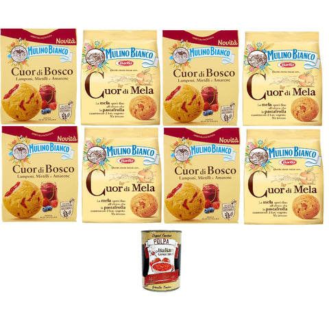 Mulino Bianco Testpaket Cuori DI Mela, Cuor di Bosco Weicher Mürbeteig mit Apfel Himbeer, Blaubeer und Schwarzkirschfüllung 8x300 gr italienisch Original