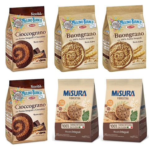 Mulino Bianco Cioccograno Vollkorn kekse mit schokolade 330 g + 2x Misura Fibraextra Integrali Vollkorn kekse 330 g + 2x Mulino Bianco kekse Buongrano 100% Vollkorn 350 g biscuits italienisch Original
