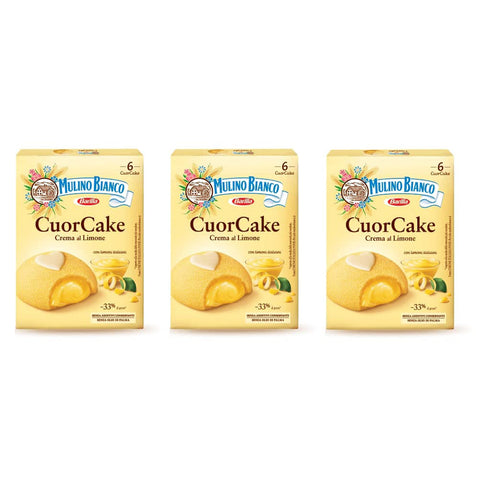 Barilla Mulino Bianco Cuor Cake Snack gefüllt mit Zitronencreme ( 6 x 35g ) 210g Mini Kuchen mit italienischen Zitronen ohne Palmöl Biskuitkuchen 3x Original italienisch