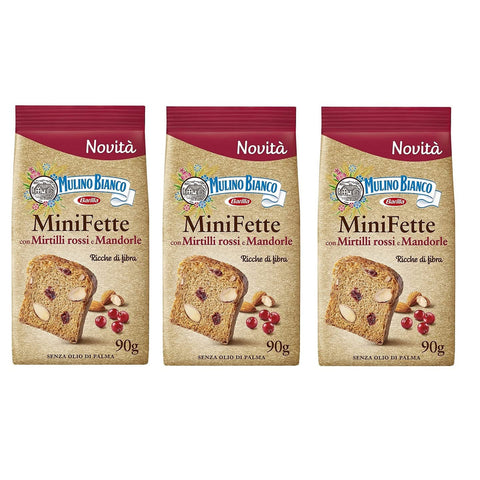Mulino Bianco Mini Fette Biscottate con farina integrale, mirtilli rossi, mandorle e semi di girasole Zwieback mit Vollkornmehl, Preiselbeeren, Mandeln und Sonnenblumenkernen 90g 3x Original italienisch