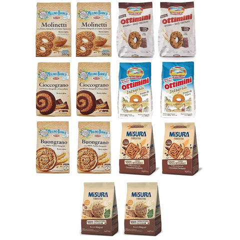 Mulino Bianco KIT Vollkornkekse 2x Molinetti Original italienisch inkl. 2x Cioccograno + 2x Buongrano + Divella 2x Ottimini + 2x Ottimini Gocce di Cioccolato + Misura 2x Biscotti Gocce di Cioccolato + 2x Biscotti Integrali