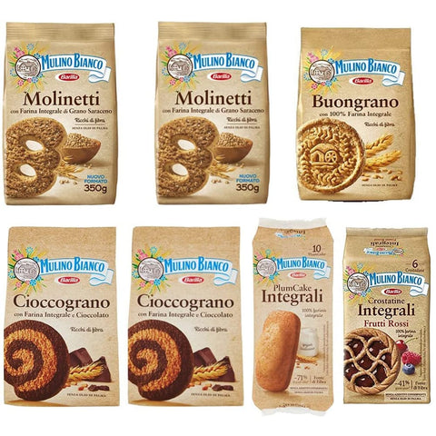 Mulino Bianco Kekse Mulino Bianco 2x Molinetti Vollkorn kekse 330 g + 1x Buongrano 330 g 2x Cioccograno 330 g + Plumccake Vollkorn + Crostatina Vollkorn mit Beeren italienisch Original 8076809577441