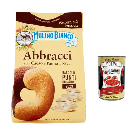 Mulino Bianco Kekse Mulino Bianco Abbracci Shortbread-Kekse mit Kakao und frischer Sahne, ohne Palmöl, geschmacksintensives Frühstück, 350 g 5x Original italienisch inkl. Italian Gourmet Polpa 400g 8076809579568