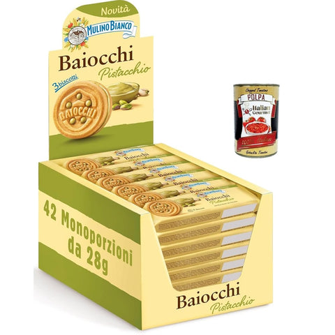 Mulino Bianco Kekse Mulino Bianco Baiocchi mit Pistazien, Keksen mit Pistazien, ideal zum Frühstück oder Snack, ohne Palmöl, Packung von 42 einzelnen Portionen von 28 G italienisch Original 8076809090483