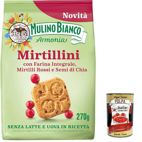 Mulino Bianco Kekse Mulino Bianco Mirtillini, Rote Blaubeeren und Chiasamen, reich an Vitamin E, ohne Milch und Eier im Rezept, Packung 270g 3x Original italienisch inkl. Italian Gourmet Polpa 400g 8076809583992