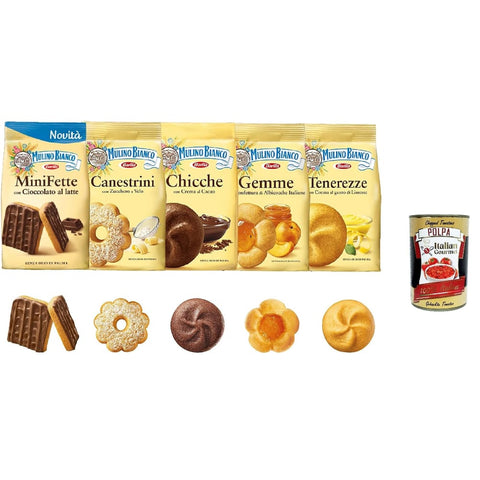 Mulino Bianco Kekse Mulino Bianco Testpaket, Gemme Canestrini Chicche Tenerezze Mini fette cioccolato, Kekse biskuits cookies kuchen mit Aprikosenmarmelade 5x 200 g italienisch Original 8076809577793