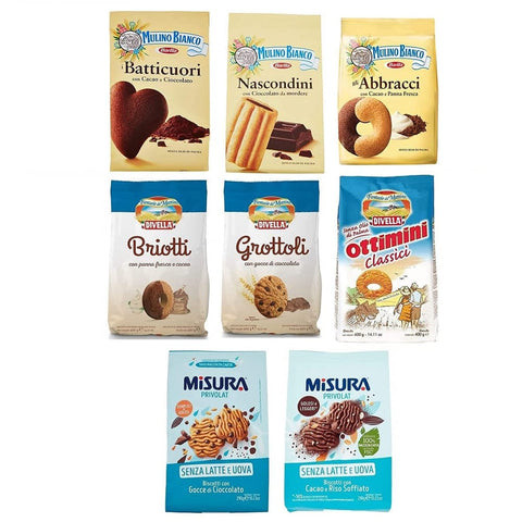 Mulino Bianco Kekse Mulino Bianco Testpaket Italienische Kekse 1x Nascondini + 1x Batticuori + 1x Abbracci + Divella 1x Briotti + 1x Grottoli + 1x Ottimini Classici + Misura 1x Gocce di Cioccolato + 1x Riso Soffiato italienisch Original 8076809572828