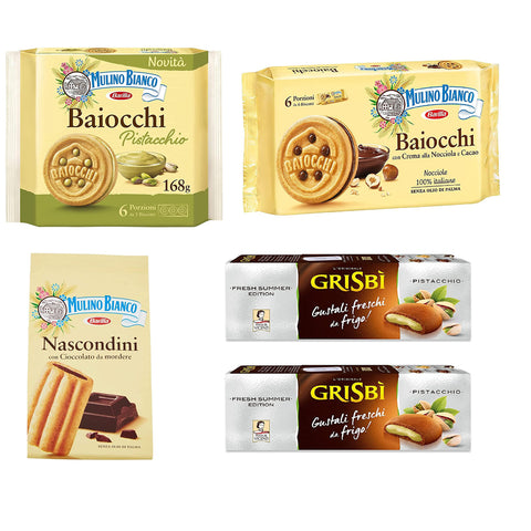 Mulino Bianco Testpaket Mulino Bianco Baiocchi kekse mit Pistazien 168g + Baiocchi nocciola + Nascondini 330g + 2x Matilde Vicenzi Grisbi Pistacchio kekse mit pistaziencreme biscuits cookies 150g Original italienisch