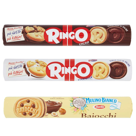 Mulino Bianco Testpaket Mulino Bianco Baiocchi Pavesi Ringo Cacao e Vaniglia Tubo Kekse Biscuits Cookies 3 Stücke Italienische Snacks Original italienisch