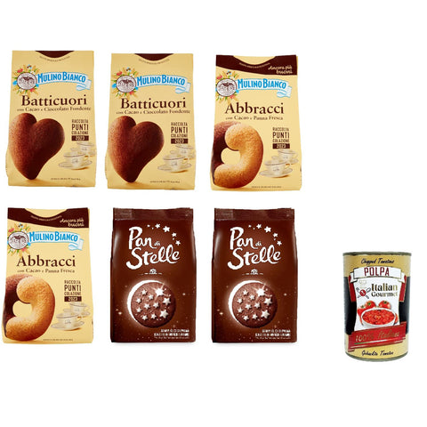 Mulino Bianco Testpaket Batticuori Pan di stelle Abbracci Cocoa Shortbread Kekse mit Kakao, 6x 350 g italienisch Original