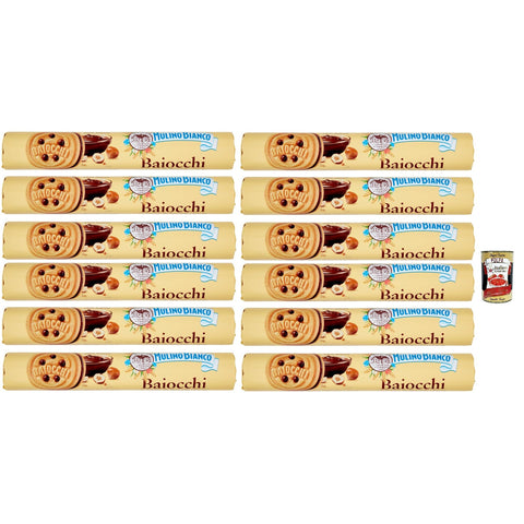 Mulino Bianco Baiocchi Biscotti Snack Farciti con Crema alla Nocciola e Cacao, Snack Kekse mit Haselnusscreme und Kakao gefüllt, 12x 168 g italienisch Original