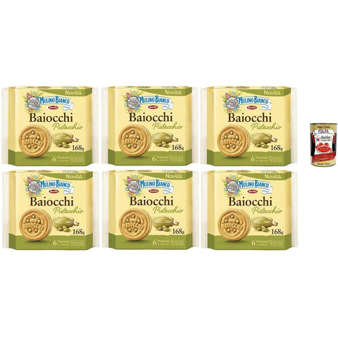Mulino Bianco Snack Kuchen & Backwaren Mulino Bianco Baiocchi Pistacchio, Pistazienkekse, Pistaziengebäck, Kekse mit Pistazien und Mürbeteig, ideal für Frühstück oder Snack, Palmölfrei, 6x 168 g italienisch Original 8076809581318