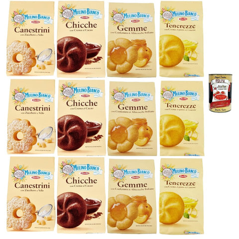 Mulino Bianco Snack Kuchen & Backwaren Mulino Bianco Canestrini, Chicche al cacao, Tenerezze limone, Gemme, Testpaket Biscotti, Kekse mit Zucker mit Eiszeit, Kekse mit Kakao, zitrone cookies biscuits, 12x 200g Original italienisch inkl. Italian Gourmet Polpa 400g 8076809529976