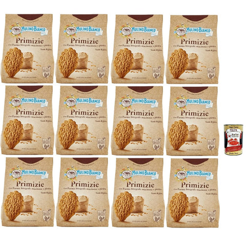 Mulino Bianco Snack Kuchen & Backwaren Mulino Bianco Primizie Biscotti con Farina Integrale Macinata a Pietra, Kekse mit 100% vollem Mehl, Frühstück voller Faser und Geschmack, 12x 700g Original italienisch inkl. Italian Gourmet Polpa 400g 8032804040014